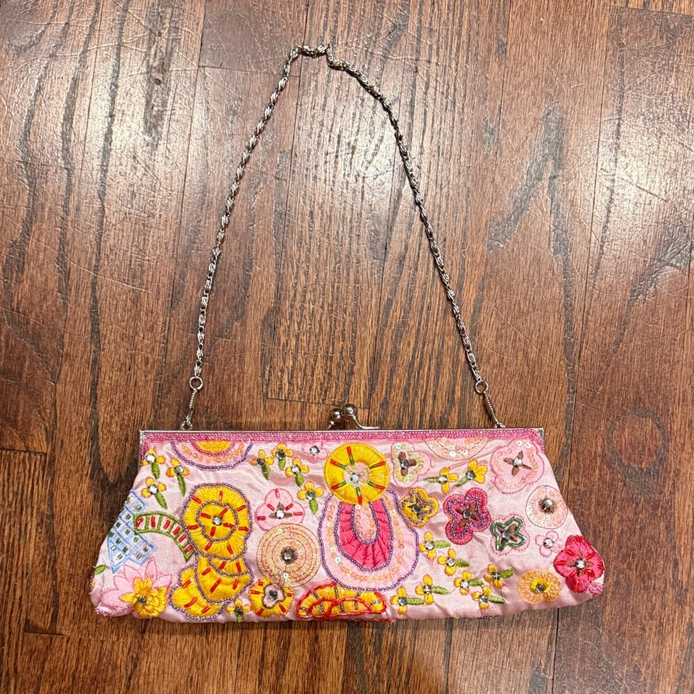 New York & Company Pink Embroidered Floral Beaded Clutch with Chain